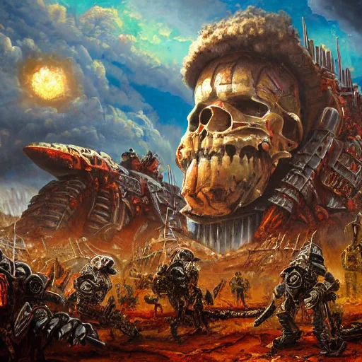 Image similar to nuclear war, rockets, giant robots, brutal warfare, skulls, on ancient post - apocalyptic planet, jim henson creature shop, vivid and colorful, thomas kincaid, cinematic, oil painting, highly detailed, illustration