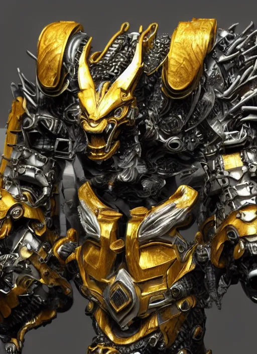 Image similar to hyper realistic glorious ancient wargreymon in a obsidian metal armor, futuristic design, designed by makoto kobayashi and luca zampriolo, portrait, cyberpunk style, wood and gold details, intricate, extremely detailed, ornate, deep of field, hard surface, exoskeleton, substance designer metal unreal engine. amazing likeness. very detailed.