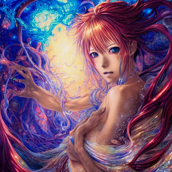 Prompt: ultra detailed illustration of a anime girl covered in liquid chrome, lost in a dreamy fairy multiverse, by Karol Bak, Johfra Bosschart, Andrew Thomas Huang, dan mumford, Druillet colorful, front view, vivid colors, 8k, coherent, artgerm, anime vibes, octane render, uplifting, magical composition, artstation