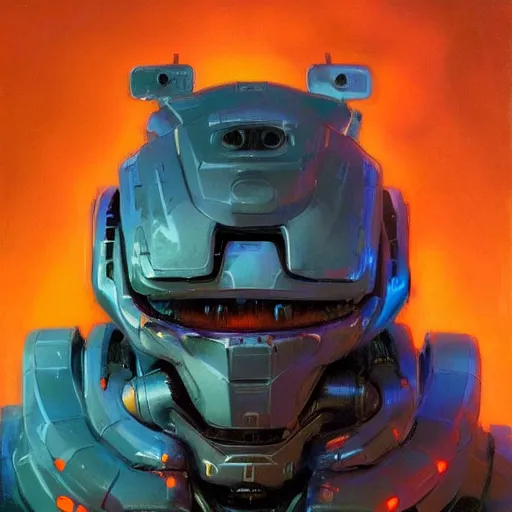 Image similar to a dark and colorful close - up of a sci - fi mecha tiger robot with led lights glowing fog in the background. highly detailed science fiction painting by norman rockwell, frank frazetta, and syd mead. rich colors, high contrast, gloomy atmosphere, dark background. trending on artstation