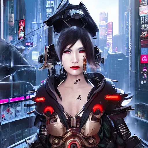 Image similar to A cyborg Valkyrie combined with a Geisha, in a cyberpunk city, concept art, art station, Award winning, unreal engine, 4K