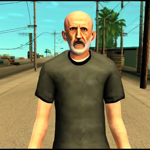 Prompt: Mike Ehrmantraut in GTA San Andreas, screenshot from the game, PS2 quality