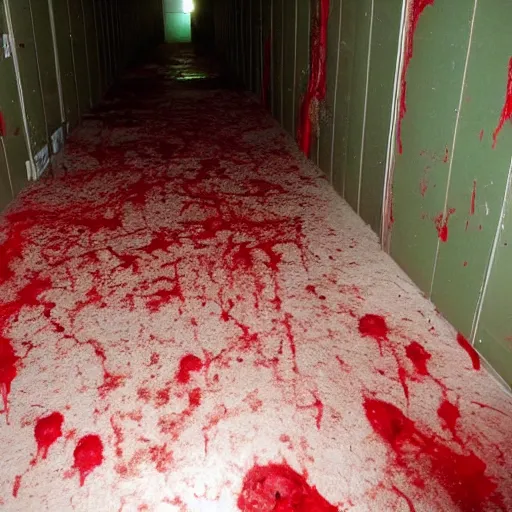 Prompt: pov of a person stuck in the backrooms, with dim lights, a trail of blood, and a corpse.