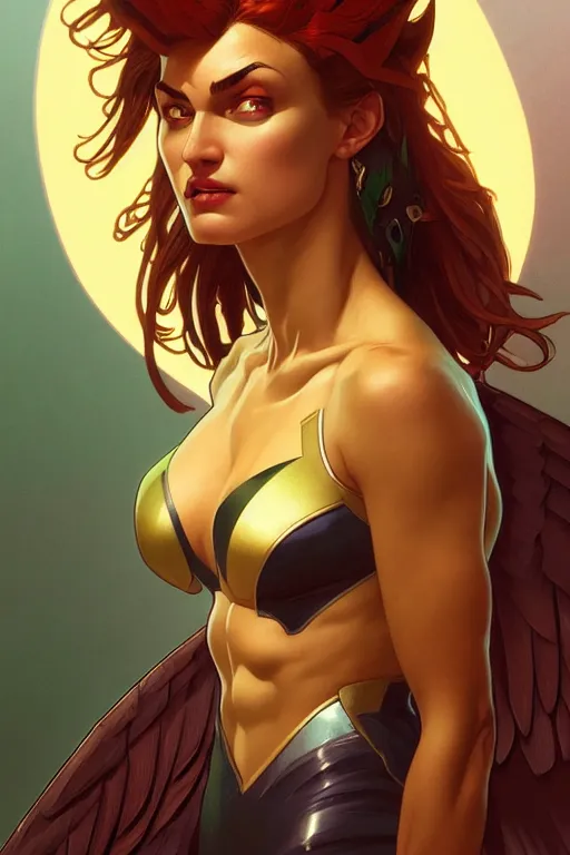 Prompt: a portrait of hawkgirl, fantasy, sharp focus, intricate, elegant, digital painting, artstation, matte, highly detailed, concept art, illustration, ambient lighting, art by ilya kuvshinov, artgerm, alphonse mucha, and greg rutkowski