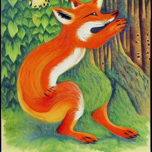 Image similar to a smug fox dances with a pretty chicken, Louis William Wain watercolor,