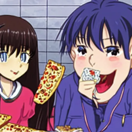 Image similar to kagami sumika from Muv-Luv eating a pizza with George Lucas