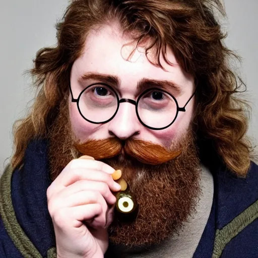 Prompt: harry potter with long beards and beautiful mustache, beard balm in his hand