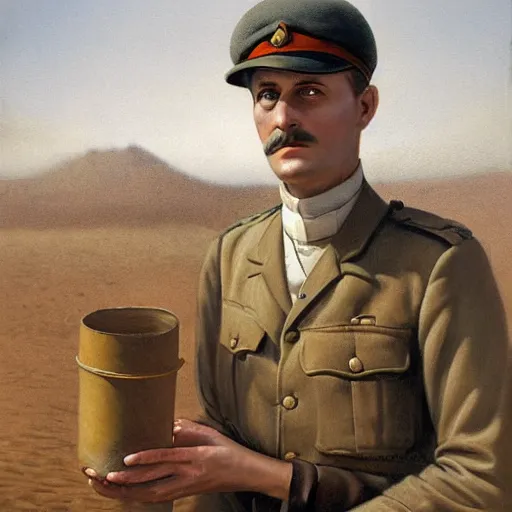 Image similar to a detailed photorealistic sepia - toned color portrait painting of a 1 9 1 7 worried clean - shaven british lieutenant in field gear in north arabia examining an ancient cylindrical clay jar, ultra realistic, intricate details, atmospheric, dark, horror, brooding, highly detailed, by clyde caldwell