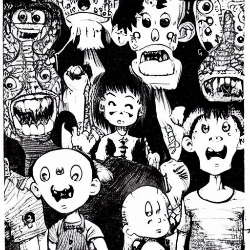 Image similar to Rugrats by Junji Ito, black and white, creepy