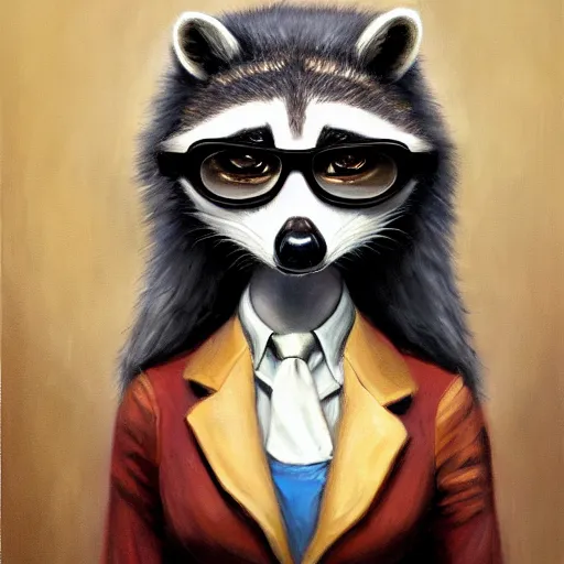 Prompt: oil painting of a raccoon dressed like a female secretary with glasses and a manilla folder, urban fantasy art by seb mckinnon, artstation npc character design, top - rated