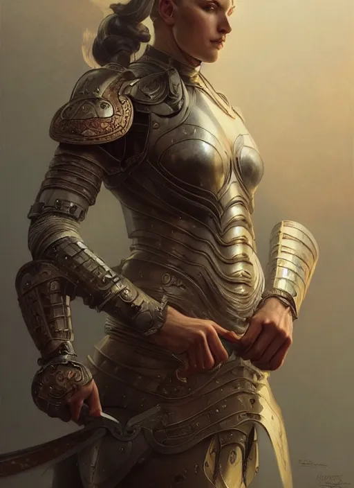 Image similar to Symmetry!! portrait of a bald woman, warrior in armour, muscular, fantasy, intricate, elegant, highly detailed, digital painting, artstation, concept art, smooth, sharp focus, illustration, art by artgerm and greg rutkowski and alphonse mucha