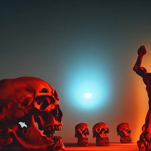 Image similar to beautiful dark landscape, old roman statue in front of a glowing red orb in front of a pile of skulls, in the style of beeple and Mike Winkelmann, intricate, epic lighting, cinematic composition, hyper realistic, 8k resolution,