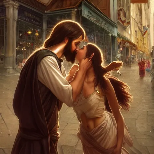 Image similar to jesus kissing a woman in a street, elegant, highly detailed, digital painting, artstation, concept art, matte, sharp focus, highly detailed, 4 k, hdr, smooth, sharp focus, high resolution, award - winning photo, photorealistic, art by artgerm and greg rutkowski and alphonse mucha, large shot