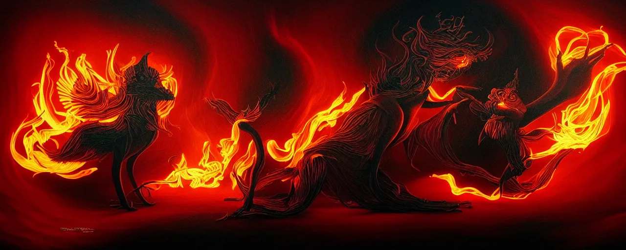 Image similar to whimsical fiery alchemical creatures, surreal dark uncanny painting by ronny khalil