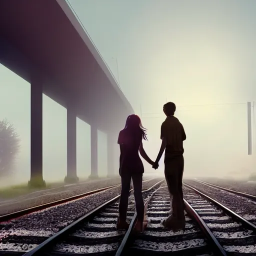 Prompt: two young lovers holding each other for the last time before they leave for war, many waiting trains, train station, lines of waiting soldier, sunset, mist, 4 k, luminist style, matte painting, artstation