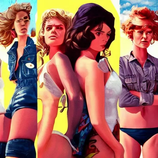 Prompt: girls in the sun, artstation, 80's, high detail, tarantino style, 4K, beautiful