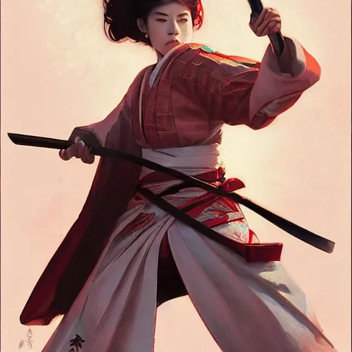 Prompt: female Samurai wielding a katana, highly detailed, digital painting, artstation, concept art, sharp focus, illustration, cinematic lighting, art by artgerm and greg rutkowski and alphonse mucha