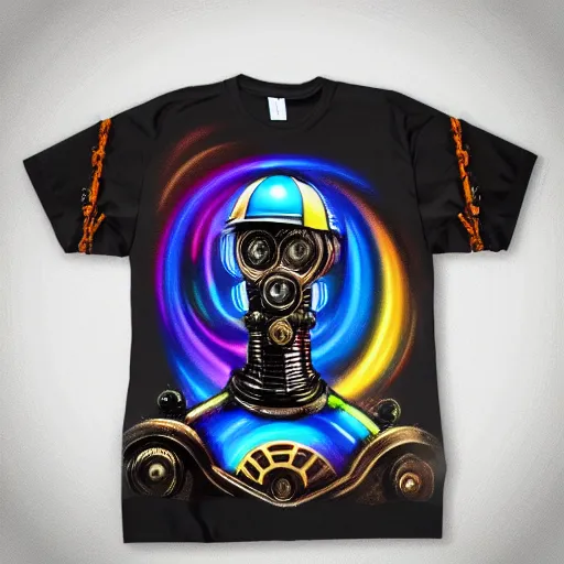 Prompt: mockup of a black tshirt with a hyperdetailed portrait of a spaced out steam punk robot, 8 k, symetrical, flourescent colors, multicolored,