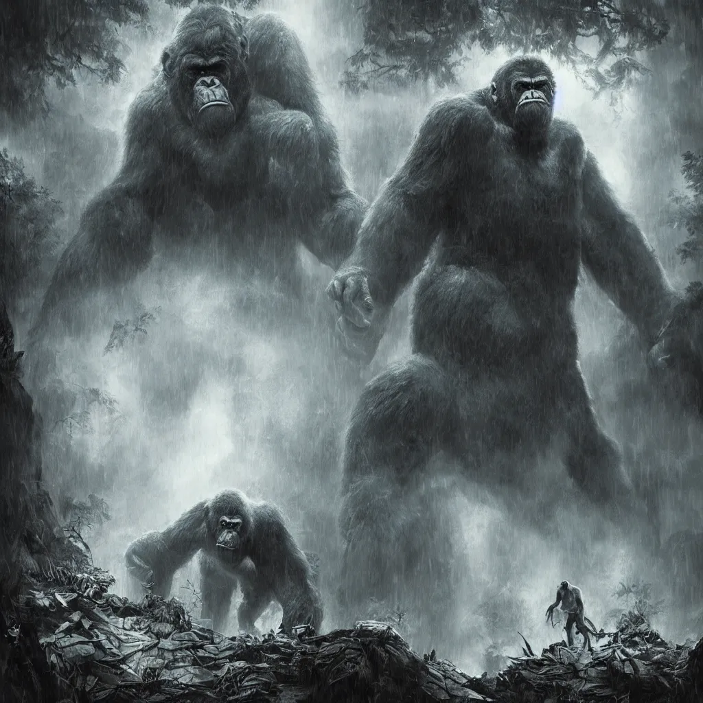 Image similar to King Kong in the forest in the storm, fantasy art, in the style of greg rutkowski, illustration, epic, fantasy, intricate, hyper detailed, artstation, concept art, smooth, sharp focus, ray tracing