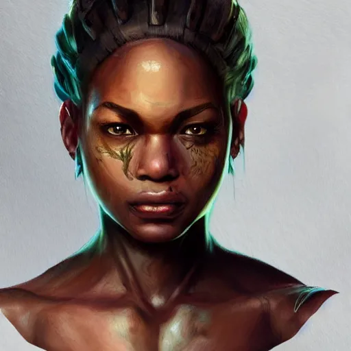 Image similar to beautiful, very strong, african american, female, middle aged, face, no makeup, no tattoos, warrior, battle hardened, head shot, fantasy, highly detailed, digital painting, artstation, concept art, smooth, sharp focus, illustration, art by jodie muir and brom