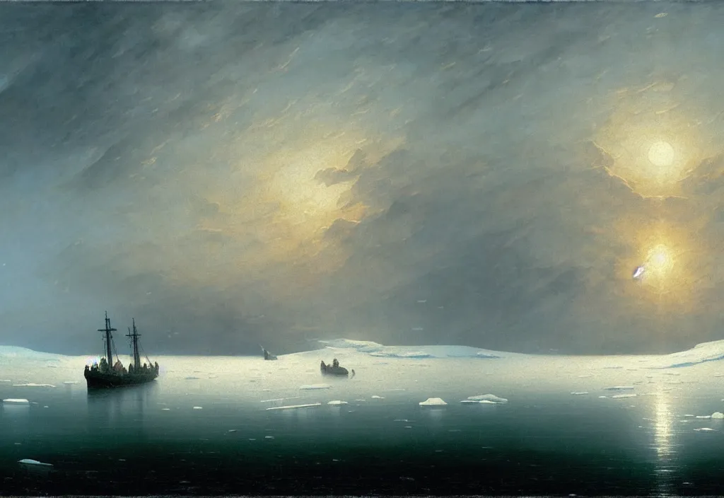 Image similar to acrylic painting of icebreakers sailing across the vast ice sheet, by caspar david friedrich and greg rutkowski, epic, serene, cold colors, ocean, fog, infinite