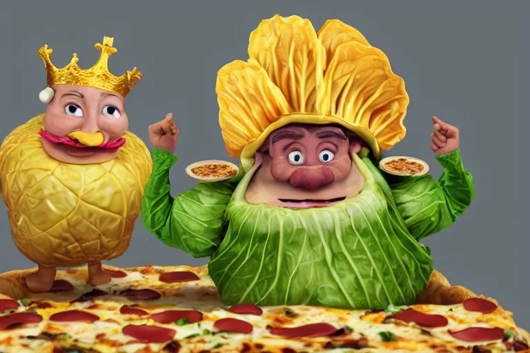 Image similar to cabbage character, king, wearing golden crown, pizza, wood fired oven, cooking pizza, high heat, walrus waving in background, highly detailed 3 d render, artstation, surrealism, pixar