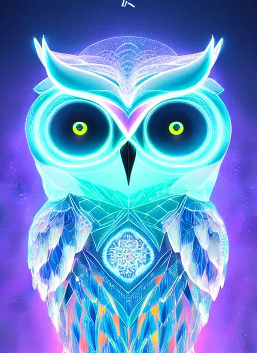 Image similar to symmetry!! product render poster vivid colors divine proportion owl, ice and snow, glowing fog intricate, elegant, highly detailed, digital painting, artstation, concept art, smooth, sharp focus, illustration,