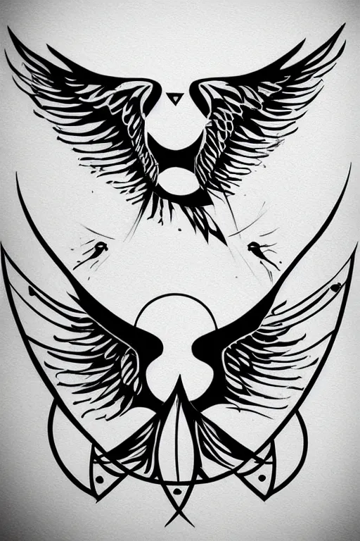 Prompt: a beautiful tattoo design of minimalist flying swallows flying around geometric spirals, black ink, abstract logo, line art