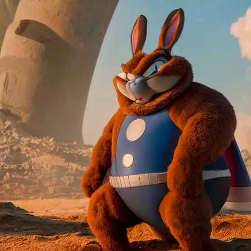 Prompt: A photo of a Big Chungus bugs bunny in marvel movie, sigma 85mm Lens F/1.4, award winning photography