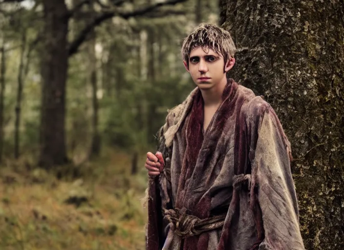 Prompt: character and environment photography, portrait shamanistic arrogant 2 0 - year - old male druid, messy hair, old tattered robe, medium shot, wide angle, 2 0 0 px, full front