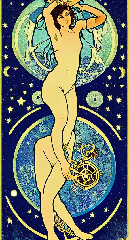 Prompt: a tarot card of a woman pouring water and stars into the earth from space. illustrated in an art deco style by alphonse mucha and an elegant border by tamara de lempika. | studio lighting | digital painting, stunning lighting, trending on artstation