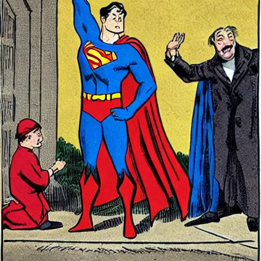 Image similar to Superman begging for alms on a street corner in the style of a 19th century cartoon