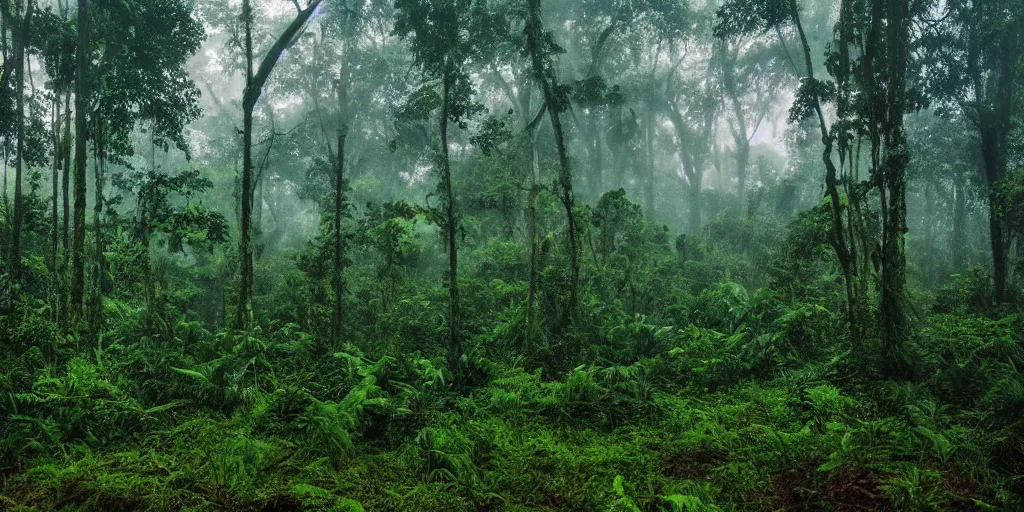 Image similar to ultra wide angle matte painting of a rainy, wet, very green congo forest, majestic!!! beautiful!!!, ethereal!!! ultra realistic, golden hour, volumetric lighting, sharp focus