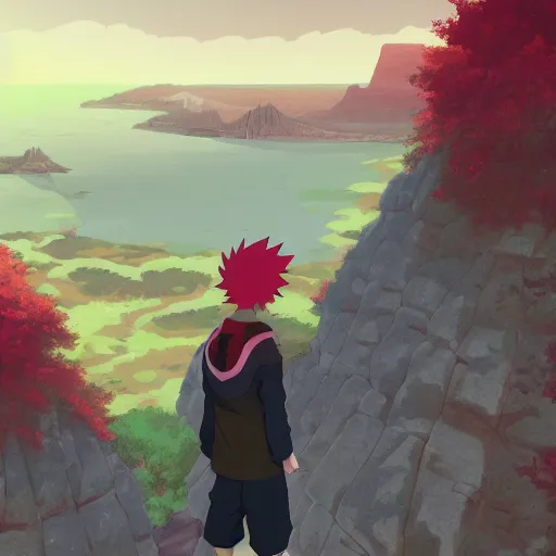 Prompt: red haired teen boy, standing a five kage summit, konohagakure in the background, naruto leaf village, digital painting, artstation, highly detailed, by makoto shinkai and thomas kindle and James gilleard