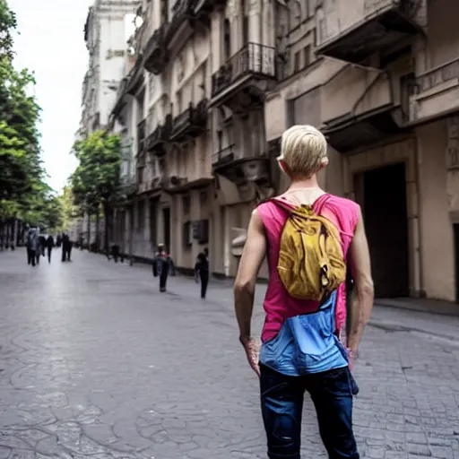 Image similar to an ukranian blonde guy taking a tour in buenos aires city, photographic