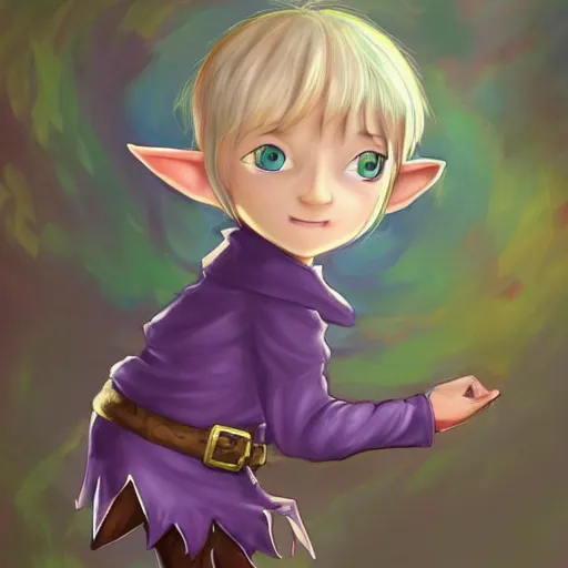 Prompt: little elf boy, purple tunic, blonde hair. light color palate, detailed soft painting, made in abyss art style, anatomically correct