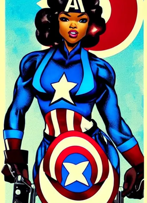 Image similar to beautiful black female captain america. afro - feminist captain america wins wwii. american wwii propaganda poster by carole feuerman, masamune shirow, rob liefeld and pixar. gorgeous face. pin up model. overwatch, realistic