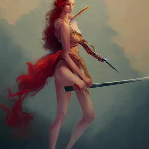 Prompt: a painting of a woman holding a sword, a digital painting by peter mohrbacher, trending on artstation, metaphysical painting, speedpainting, made of feathers, digital painting, painting made of feathers mist and cloud, the woman made of curly silk with red edges