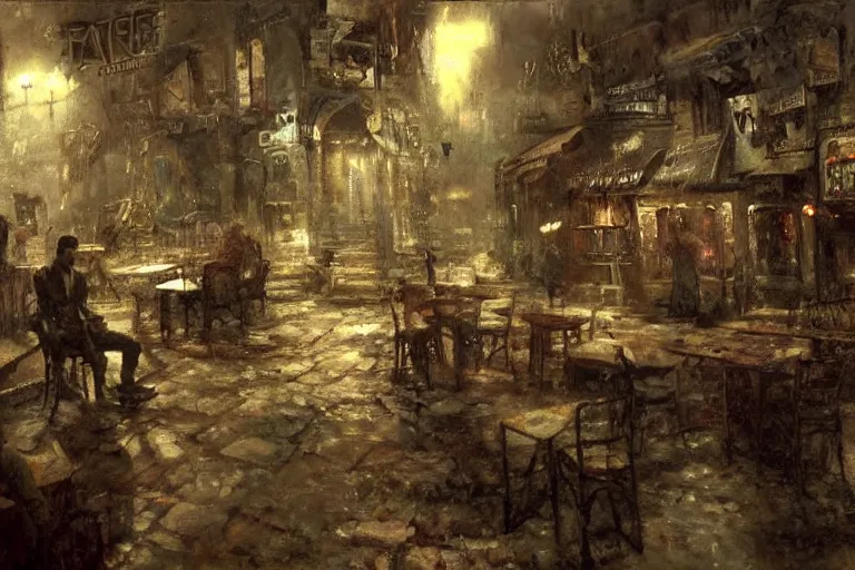 Image similar to An empty jazz cafe, moody scene, highly detailed, intricate, sharp details, dystopian mood, 1950 scene by gaston bussiere, craig mullins, somber lighting, drawn by Giacomo Burattini, inspired by graphic novel cover art