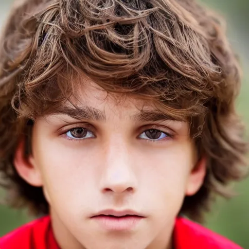 Image similar to a closeup portrait of a boy with brown hair and brown eyes. Extremely clear and high quality eyes with reflection in this, realistic face and details, clear lips and high quality