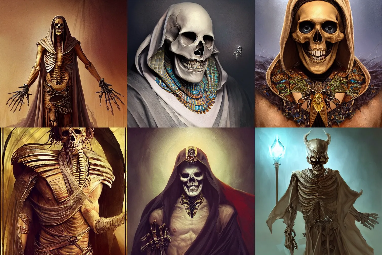 Prompt: “Male skeleton who was once an Egyptian prince, wearing a raggedy robe and a sinister grin on his face, D&D, fantasy, intricate, cinematic lighting, highly detailed, digital painting, artstation, concept art, smooth, sharp focus, illustration, art by Artgerm and Greg Rutkowski and Alphonse Mucha”