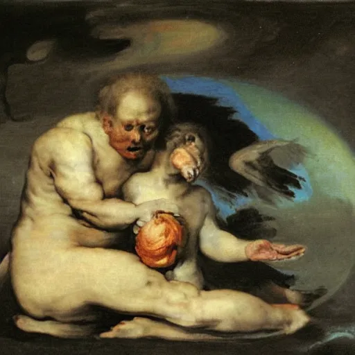 Prompt: saturn devouring his son, painting by francisco goya, peach