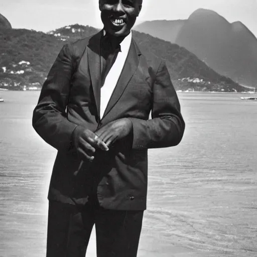 Image similar to vintage photo of a black man wearing a black suit in rio de janeiro