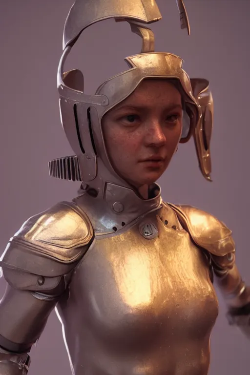 Image similar to а highly detailed sculpt of athletic girl in armor, concept design, cinematic light, featured on artstation, octane render, path tracing, sharp focus, 4 k.