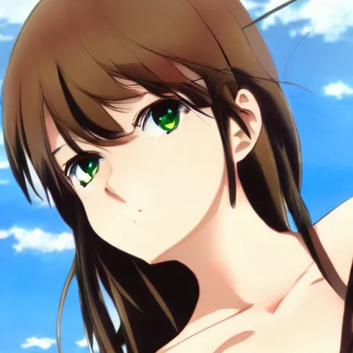 Image similar to key anime visual of a beautiful girl with brown hair and green eyes, trending on Pixiv; detailed