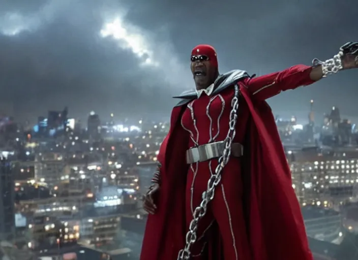 Image similar to film still of jamie foxx as spawn in the new spawn movie, giant chains, large cape, 8 k