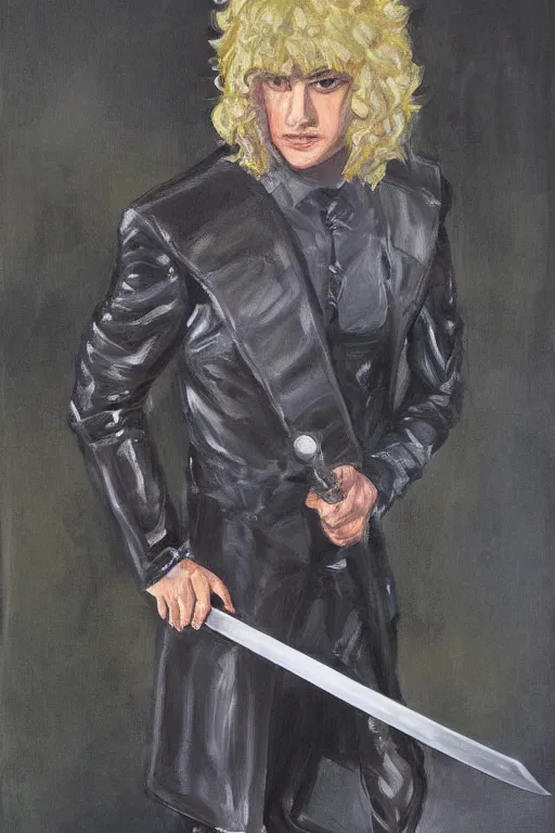 Image similar to speedwagon holding a sword, painting