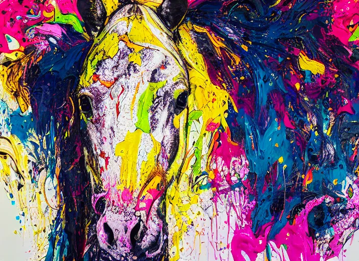 Image similar to abstract expressionist mid shot portrait of a horse made of very thick impasto paint and acrylic pour and coloured powder explosion and splashing paint and dripping paint and flying paint chunks, eyes closed or not visible, expressing strong emotions, art by antony micallef, motion blur, hyperrealistic, intricate art photography, anatomically correct, realistic crisp textures, 1 6 k