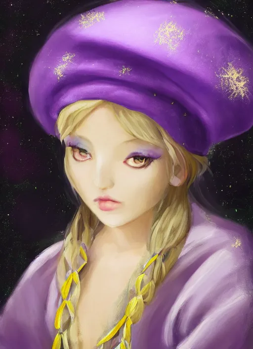 Prompt: A painting of a beautiful and mysterious young Fortune Teller with short blond hair wearing an oversized purple Beret, Baggy Purple overall shorts, Short Puffy pants made of silk, silk shoes, a big billowy scarf, Golden Ribbon, and white leggings Covered in stars. Short Hair. Sunlit. Moonlit. Cloudscape. Concept Art, Digital Painting, By william-adolphe bouguereau and Alexandre Cabanel and Rembrant and WLOP and Artgerm and alphonse mucha. Smooth. Elegant. Sharp Focus. Highly Detailed. Intricate. 4K. UHD. Denoise.