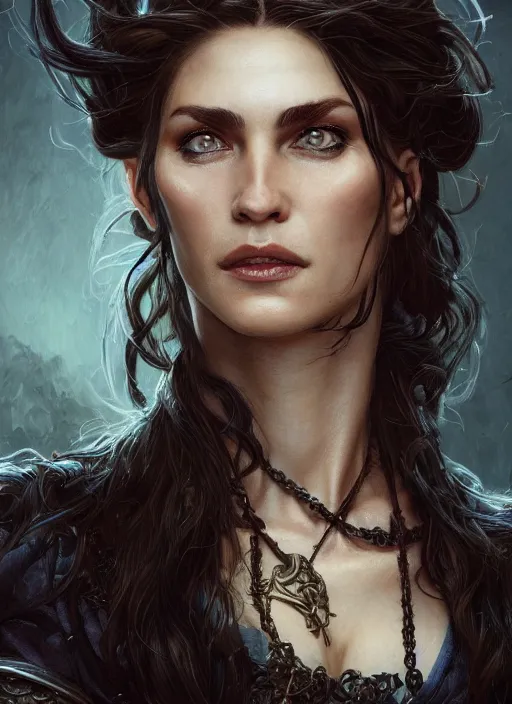 Image similar to close up portrait of a ruggedly handsome female witch, soft hair, muscular, half body, leather, hairy, d & d, fantasy, intricate, elegant, highly detailed, digital painting, artstation, concept art, smooth, sharp focus, illustration, art by artgerm and greg rutkowski and alphonse mucha